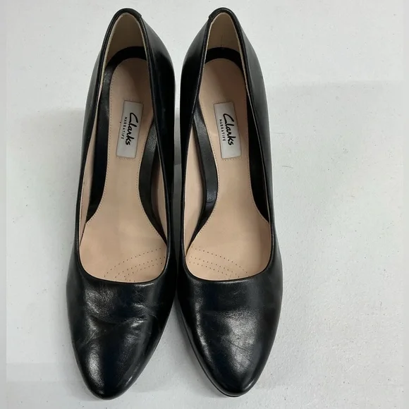 Clarks Narrative Leather Block Heel Pumps 9.5 Black – Classic Comfort Work Heels - Picture 4 of 7